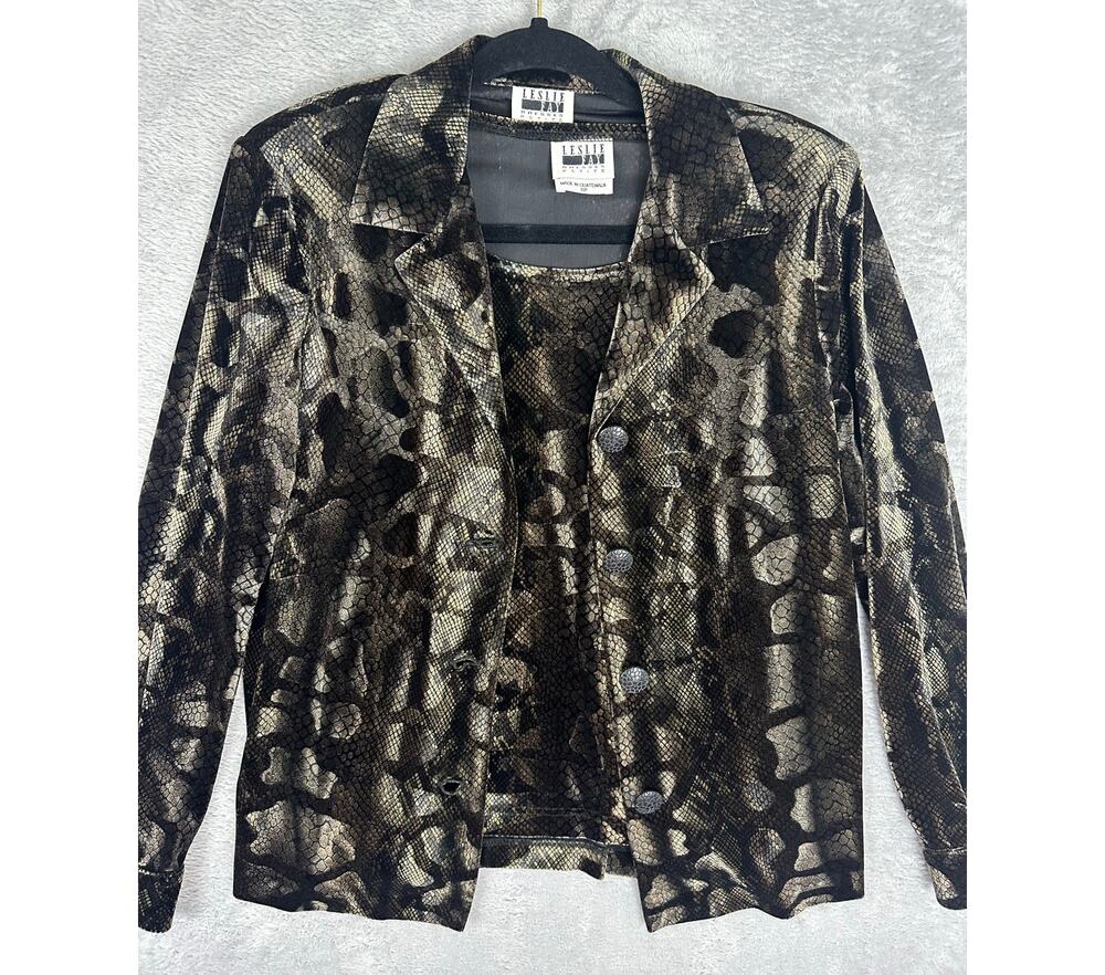 VTG 90s Metallic Snake Python Velvet 2 Piece Blazer Top Set Mob Wife Y2K 10 Med